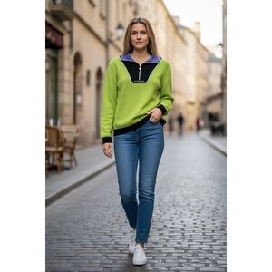 St John Sport Womens Lime Green Quarter Zip Knit Sweater Colorblock Black Purple